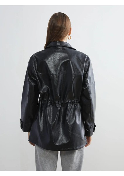 Dik Yaka Oversize Kadın Deri Görünümlü Mont (W5) indirimleri