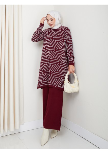 Takım Simli Geometri Desenli Triko Pantolonlu Tunik