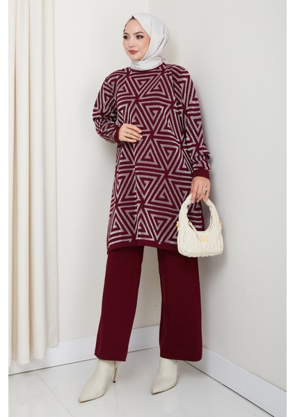 Takım Simli Geometri Desenli Triko Pantolonlu Tunik modelleri
