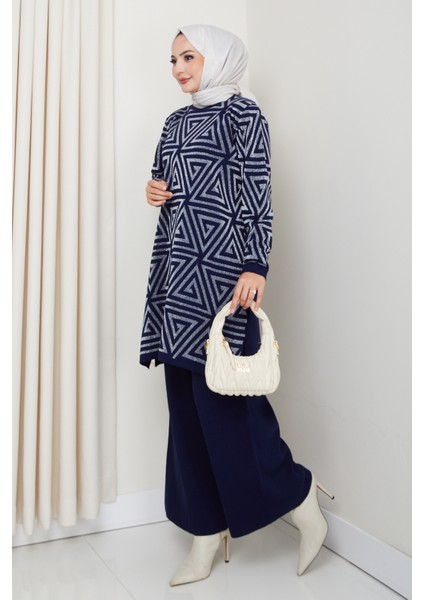 Takım Simli Geometri Desenli Triko Pantolonlu Tunik modelleri
