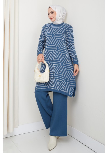 Takım Simli Geometri Desenli Triko Pantolonlu Tunik