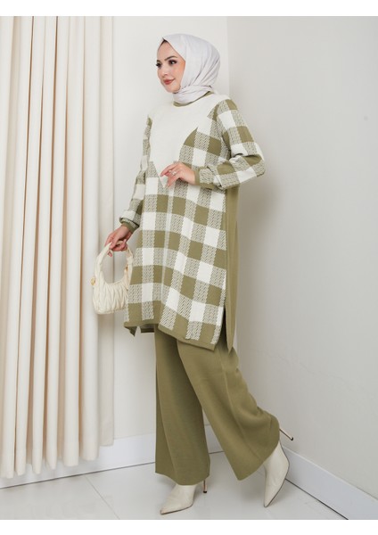 Takım Kare Desenli Triko Pantolonlu Tunik modelleri