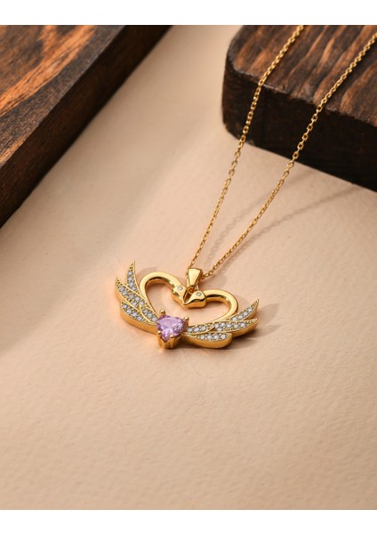 925 Ayar Zirkon Taşlı Gold Birleşen Kuğular Kalp Motifli Gümüş Aşk Kolyesi