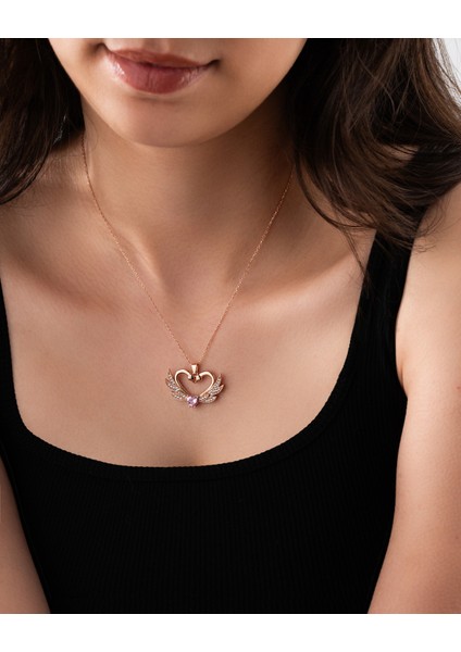 925 Ayar Zirkon Taşlı Rose Birleşen Kuğular Kalp Motifli Gümüş Aşk Kolyesi fiyatları