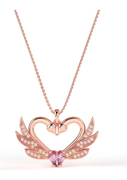 925 Ayar Zirkon Taşlı Rose Birleşen Kuğular Kalp Motifli Gümüş Aşk Kolyesi modelleri