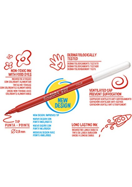 Joy Süper Yıkanabilir Keçeli Boya Kalemi 12'li Renkli ve Toksik Olmayan Mürekkep