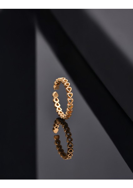925 Ayar Gold Sıralı Tamtur Kalp Ayarlanabilir Gümüş Yüzük