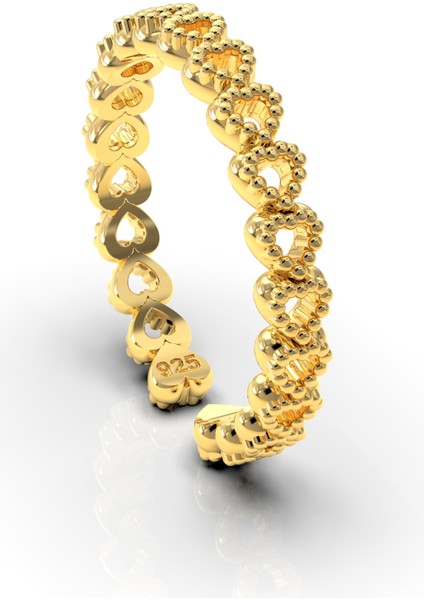 925 Ayar Gold Sıralı Tamtur Kalp Ayarlanabilir Gümüş Yüzük modelleri