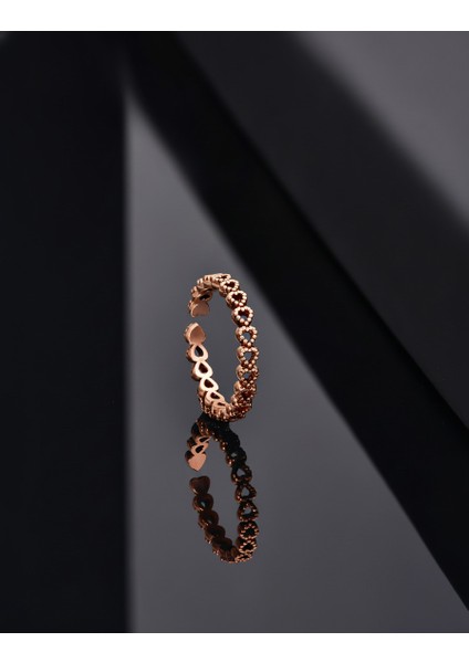 925 Ayar Rose Sıralı Tamtur Kalp Ayarlanabilir Gümüş Yüzük