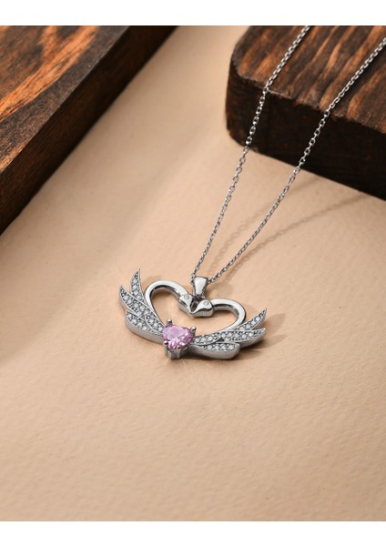 925 Ayar Zirkon Taşlı Rodyum Birleşen Kuğular Kalp Motifli Gümüş Aşk Kolyesi
