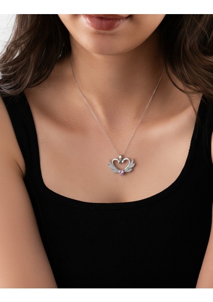 925 Ayar Zirkon Taşlı Rodyum Birleşen Kuğular Kalp Motifli Gümüş Aşk Kolyesi fiyatları