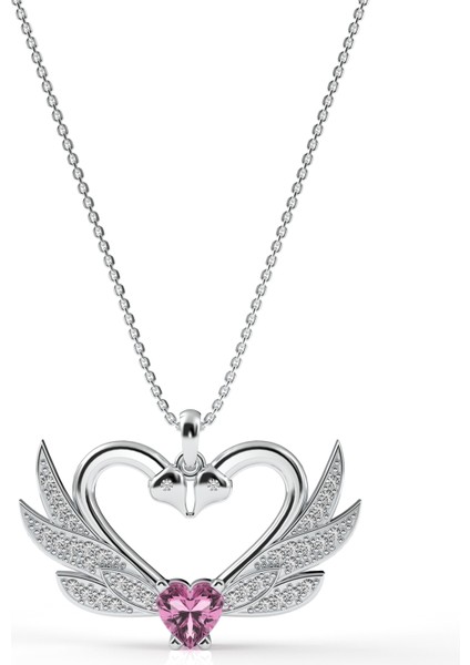 925 Ayar Zirkon Taşlı Rodyum Birleşen Kuğular Kalp Motifli Gümüş Aşk Kolyesi modelleri