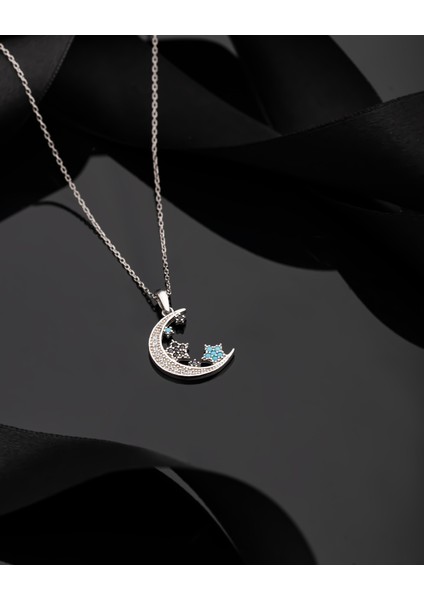 925 Ayar Turkuaz Taşlı Rodyum Ay Yıldız Gökyüzü Gümüş Kolye