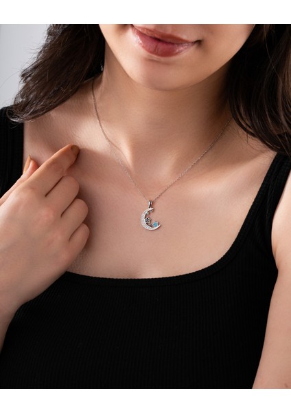 925 Ayar Turkuaz Taşlı Rodyum Ay Yıldız Gökyüzü Gümüş Kolye fiyatları