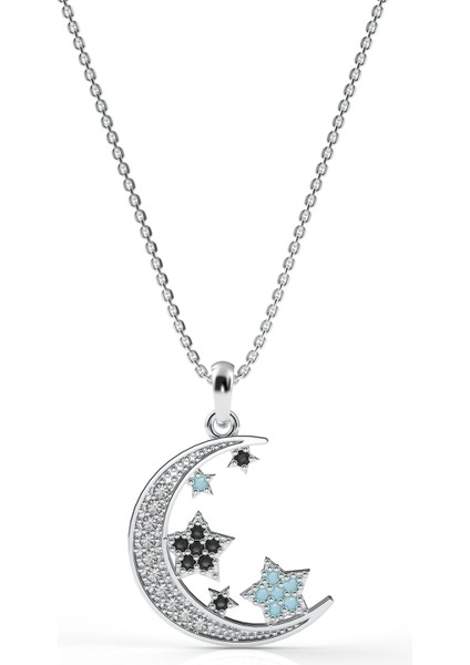 925 Ayar Turkuaz Taşlı Rodyum Ay Yıldız Gökyüzü Gümüş Kolye modelleri