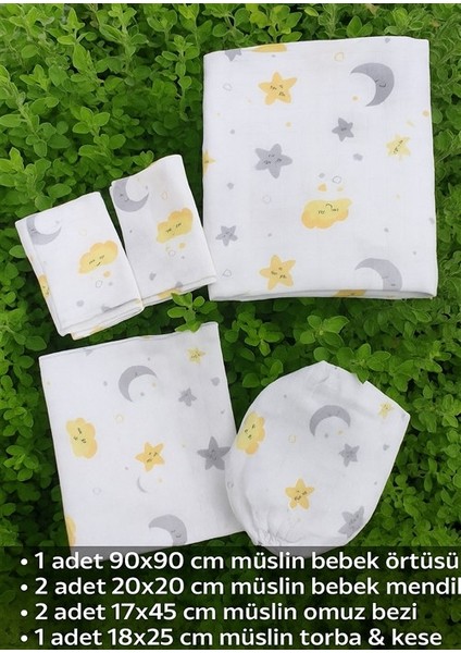 Müslin Bezi Bebek Set 6 Parça 100 % Pamuklu Ay Yıldızlı Kalpli