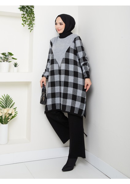Takım Kare Desenli Triko Pantolonlu Tunik