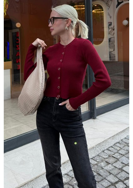 Bordo Çıt Kapamalı Triko Kadın Hırka MG2579