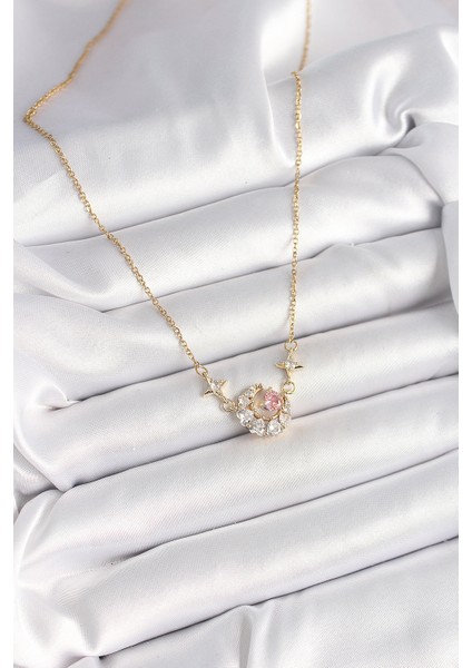 316L Çelik Gold Renk Zirkon Taşlı Hilal Pembe Kalp Model Kadın Kolye - Lisinya fiyatları