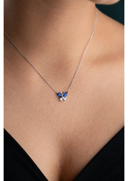 925 Ayar Gümüş Rodyum Kaplama Mavi Taşlı Kelebek Kolye fiyatları