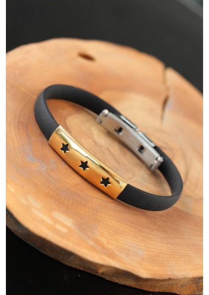 Gold Renk Çelik Yıldızlı Tasarım Siyah Renk Silikon Erkek Bileklik - Lisinya
