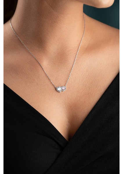 925 Ayar Gümüş Rodyum Kaplama Beyaz Pembe Taşlı Çift Kalp Model Kolye fiyatları