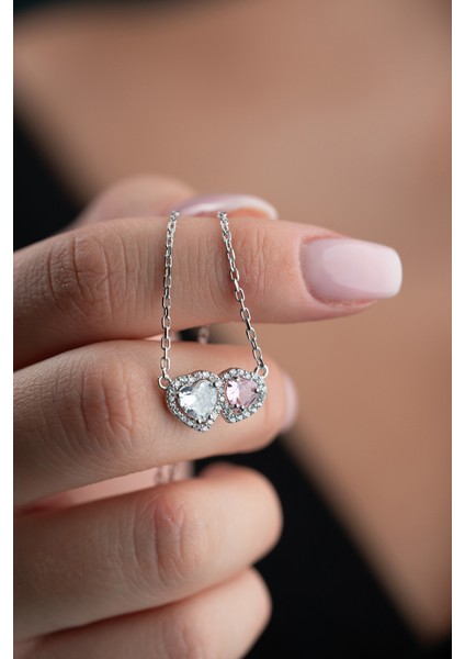 925 Ayar Gümüş Rodyum Kaplama Beyaz Pembe Taşlı Çift Kalp Model Kolye modelleri