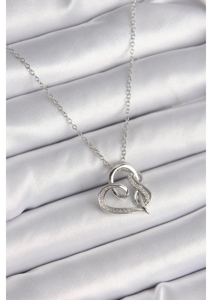 316L Çelik Gümüş Renk Zincir Zirkon Taş Detaylı Kalp Model Sonsuzluk Detay Kadın Kolye - Lisinya