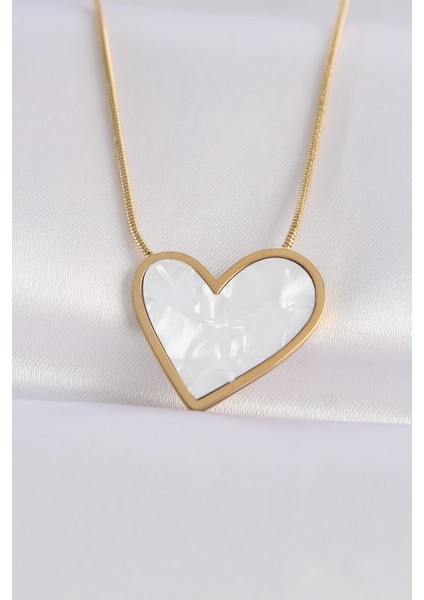 316L Çelik Zincir Altın Renk Mermer Desenli Kalp Kolye - Lisinya