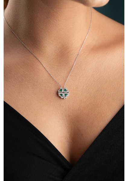 925 Ayar Gümüş Açılır Kapanır Mıknatıslı Yeşil Taşlı 4 Yapraklı Yonca Şans Kolye fiyatları