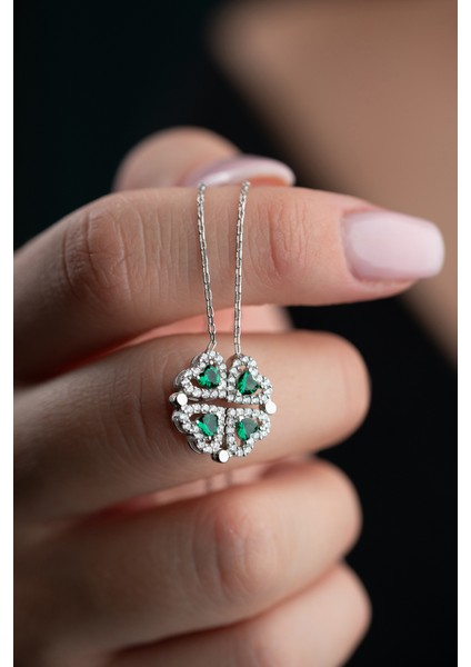 925 Ayar Gümüş Açılır Kapanır Mıknatıslı Yeşil Taşlı 4 Yapraklı Yonca Şans Kolye indirimleri