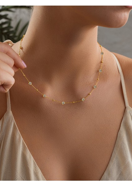 925 Ayar Gümüş Gold Kaplama Minimal Yuvarlak Sıralı Beyaz Taşlı Kolye