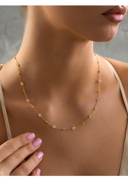 925 Ayar Gümüş Gold Kaplama Minimal Yuvarlak Sıralı Beyaz Taşlı Kolye fiyatları