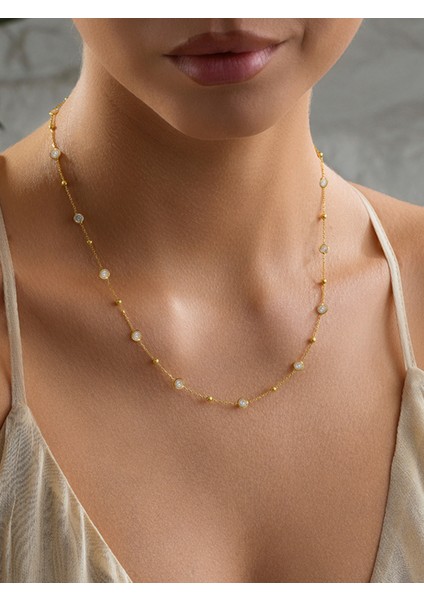 925 Ayar Gümüş Gold Kaplama Minimal Yuvarlak Sıralı Beyaz Taşlı Kolye modelleri