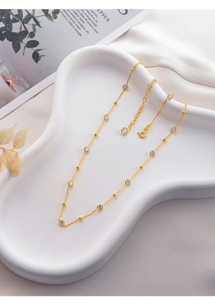 925 Ayar Gümüş Gold Kaplama Minimal Yuvarlak Sıralı Beyaz Taşlı Kolye indirimleri