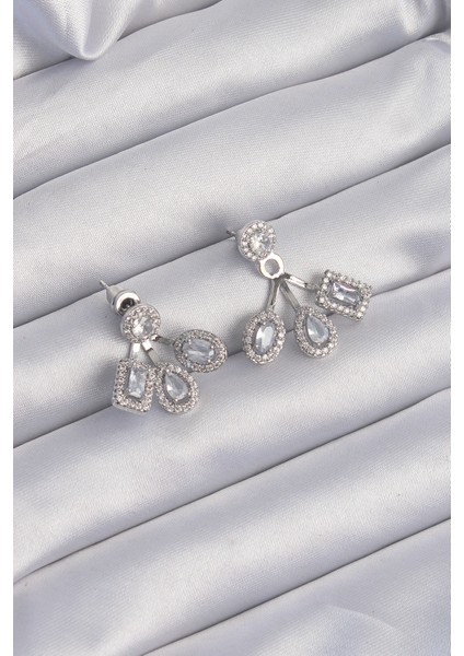 Pirinç Gümüş Renk Zirkon Taşlı Geometrik Model Küpe - Lisinya