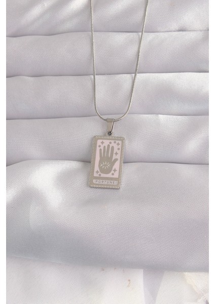 316L Çelik Gümüş Renk Pembe Mineli El Figür Tarot Kolye - Lisinya