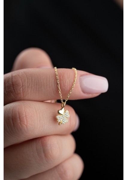 925 Ayar Gümüş Gold Kaplama Zirkon Taşlı 4 Yaprak Yonca Kolye modelleri