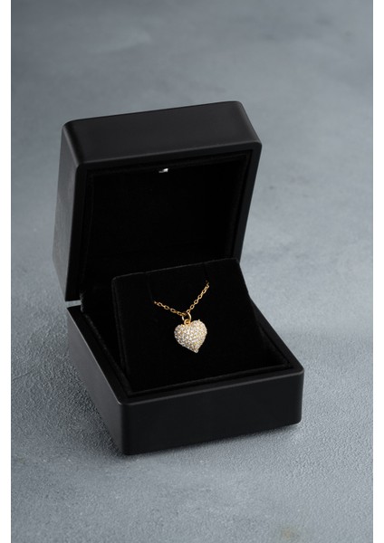 925 Ayar Gümüş Işıklı Kutuda Gold Kaplama Zirkon Taşlı Kalp Model Aşk Kolye