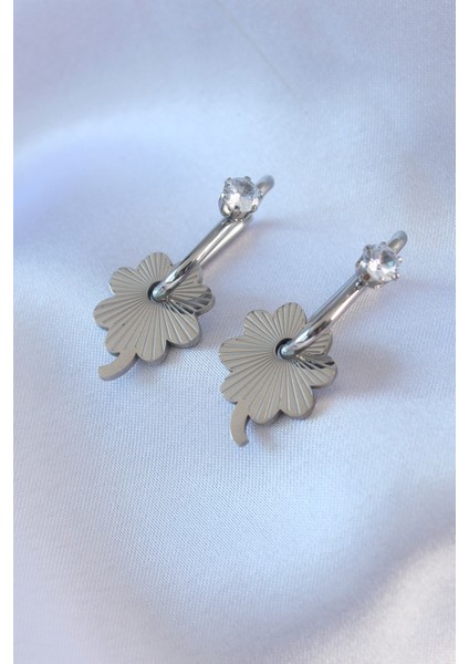 316L Çelik Gümüş Renk Zirkon Taşlı Kadın Göçmen Küpesi - Lisinya