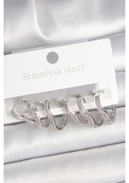 Pirinç Gümüş Renk Zirkon Taşlı 3 Çift Kalp Model Kadın Küpe - Lisinya