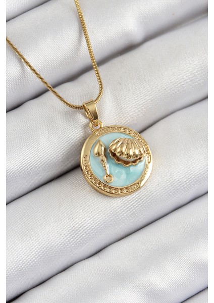 316L Çelik Zincir Turkuaz Mineli Sanatsal Portre Istiridye Model Gold Renk Kadın Kolye - Lisinya