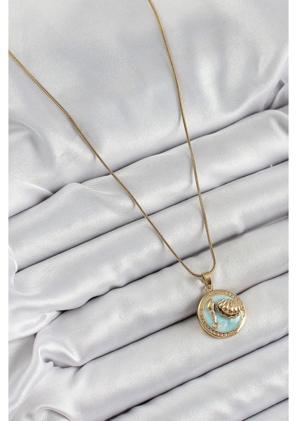 316L Çelik Zincir Turkuaz Mineli Sanatsal Portre Istiridye Model Gold Renk Kadın Kolye - Lisinya fiyatları