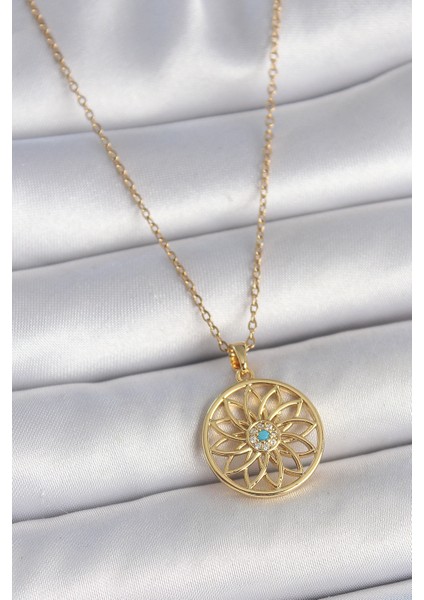 316L Çelik Gold Renk Zincr Mavi Taşlı Lotus Model Kadın Kolye - Lisinya