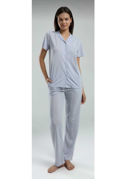 Kutulu Kadın Önden Düğmeli Pijama Takım Mavi-8.9.8.2