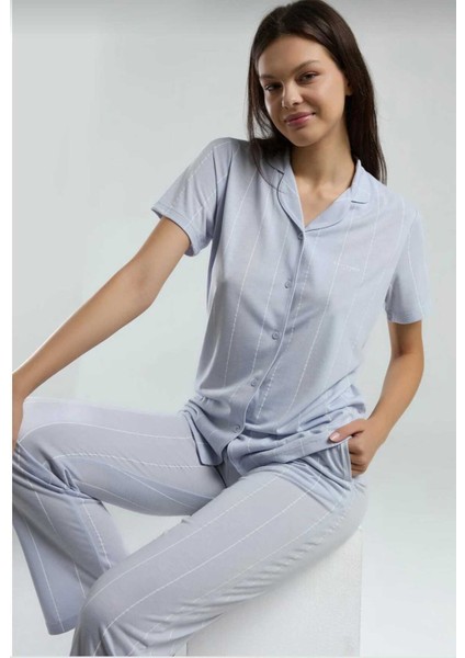 Kutulu Kadın Önden Düğmeli Pijama Takım Mavi-8.9.8.2 fiyatları