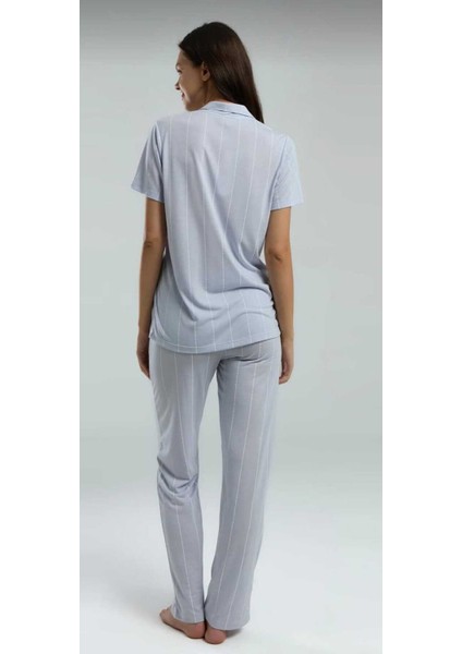 Kutulu Kadın Önden Düğmeli Pijama Takım Mavi-8.9.8.2 fırsatları