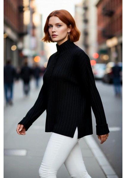 Kadın Fitilli Dokuma Triko Kazak Relaxed Kalıp Dik Yaka Düğmeli Detay Kış Konforu Şıklığı Kaliteli modelleri