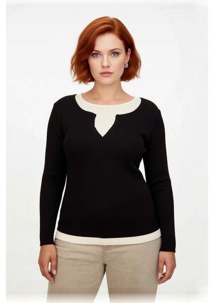 Kadın Fitted Fitilli Triko Kazak Ince Yapılı Polyester Çift Katman Görünümlü Ilkbahar Sonbahar