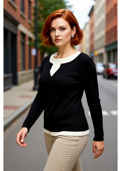 Kadın Fitted Fitilli Triko Kazak Ince Yapılı Polyester Çift Katman Görünümlü Ilkbahar Sonbahar modelleri